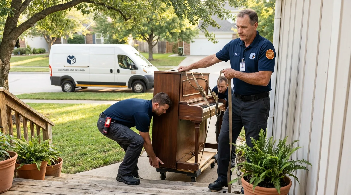 Licensed piano movers securing grand piano in Markle, IN