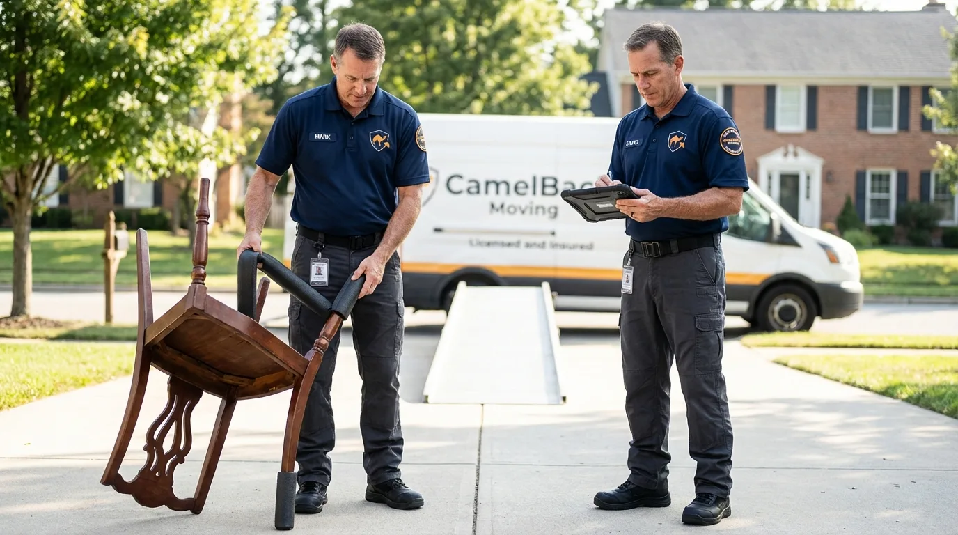 Movers inspecting furniture for damage prevention before loading in Markle, IN