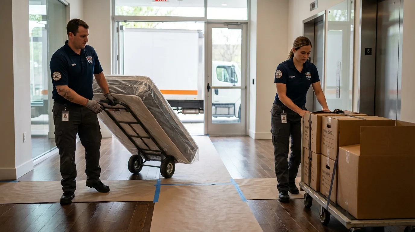 Professional apartment movers loading elevator in Markle, IN